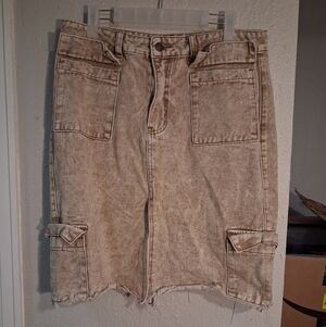Beige Washed Denim Cargo Skirt